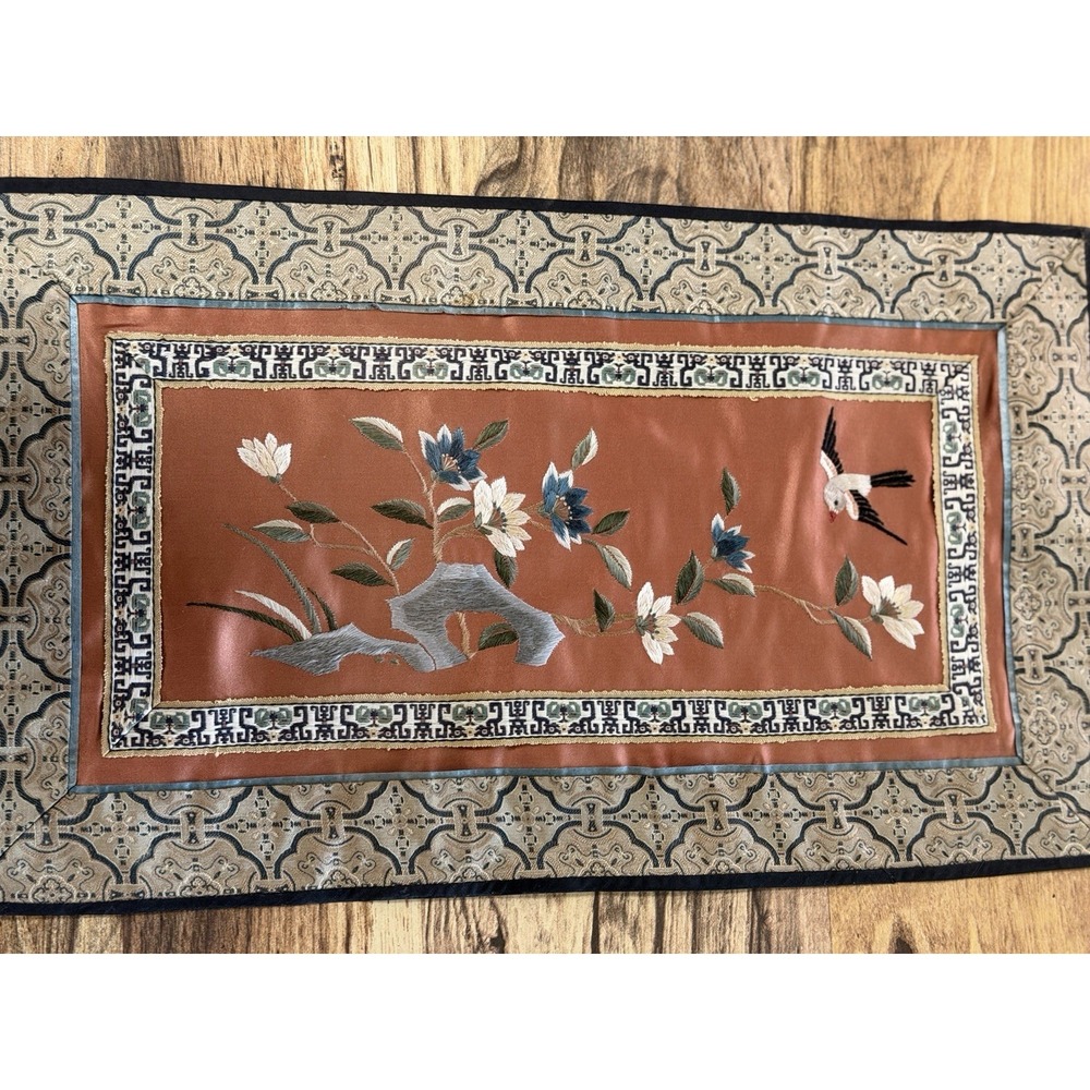 Lot of 4 Vintage Handmade Chinese Silk Embroidery Floral Panels Hand Stitched